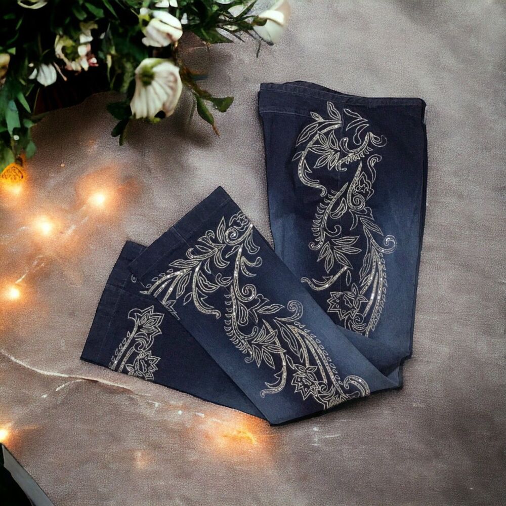 BASIX II Silver Beaded and Embroidered Stretch Jeans Sz 8 Vintage Y2K OOAK